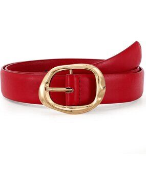 Women's Red Faux Leather Casual Waist Stylish Fashion Belt with Gold Buckle